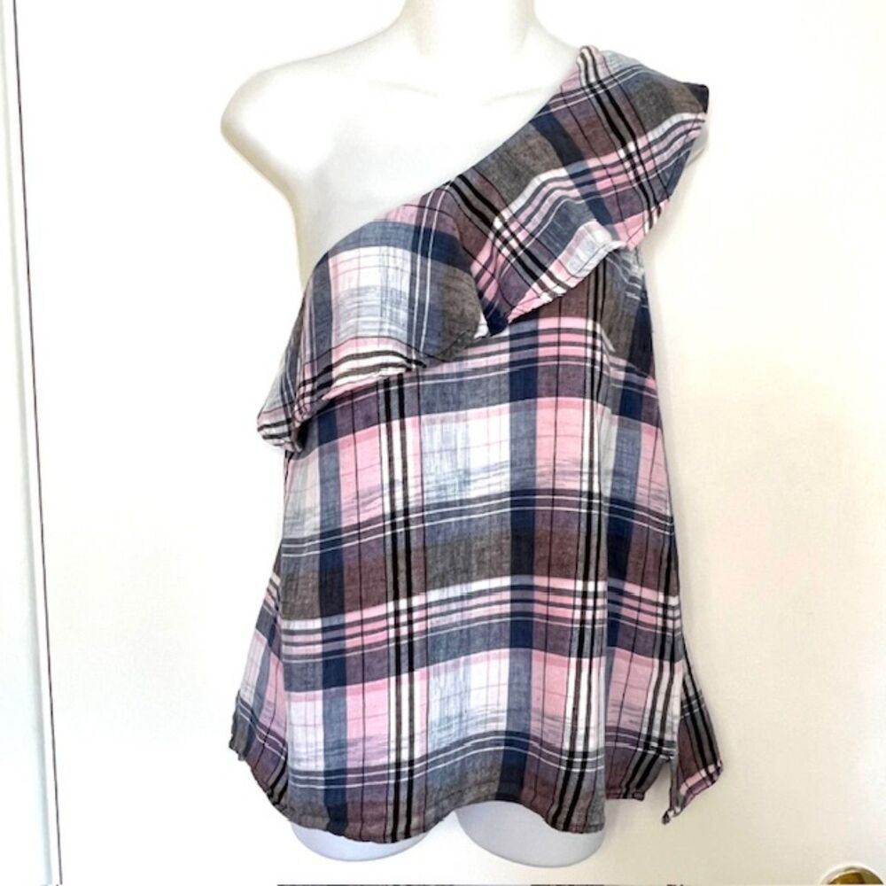 ANTHRO CLOTH & STONE PINK & BLUE PLAID ONE SHOULDER LINEN BLEND TOP SIZE LARGE